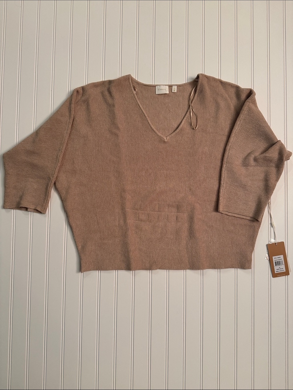 NWT Cyrus XL Camel Brown Textured Knit V Neck Dolman Sweater 3/4 Sleeve